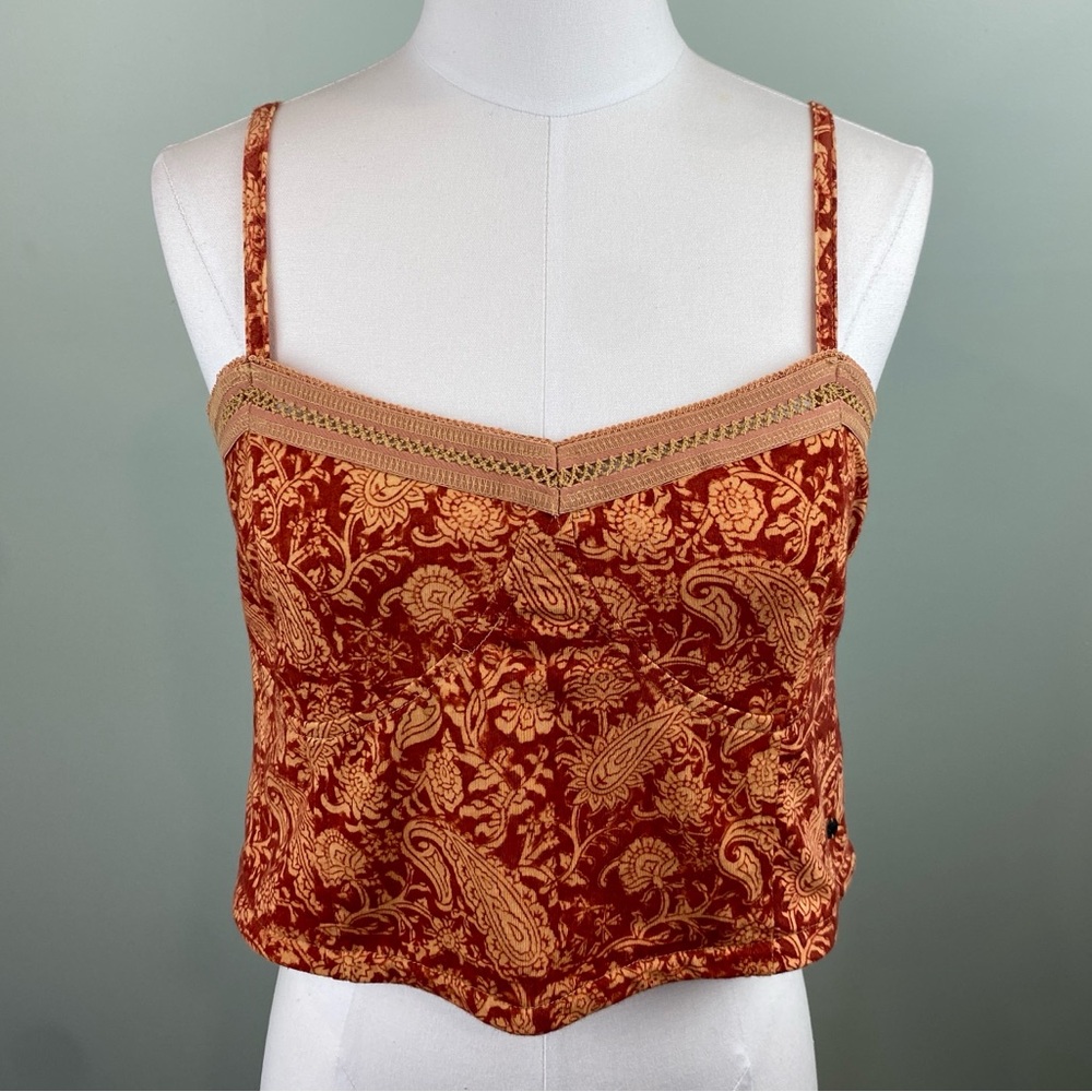Denim & Supply Ralph Lauren Rust Red and Tan Paisley Velvet Crop Top